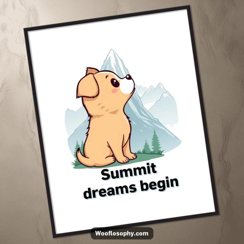 Funny poster of a dog captivated by a majestic, misty mountain, conveying deep wonder and a love for nature.