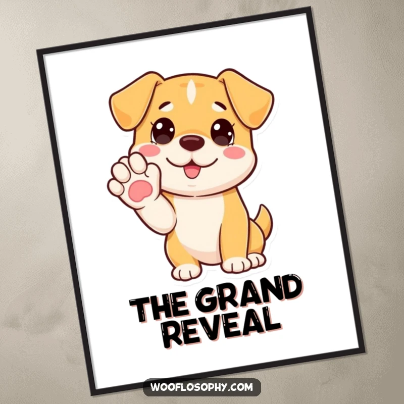 Funny poster of a dog with its paw raised, about to deliver a comedic, unheard explanation.