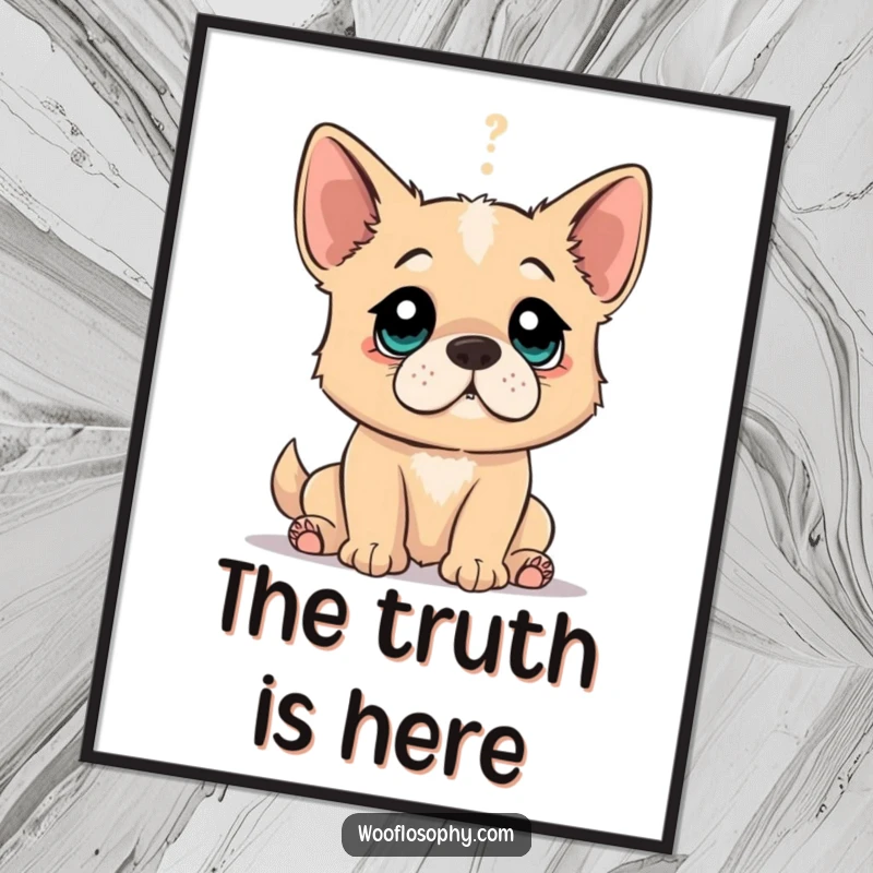 Funny poster of a dog with wide eyes, humorously discovering a profound truth, creating a striking visual.