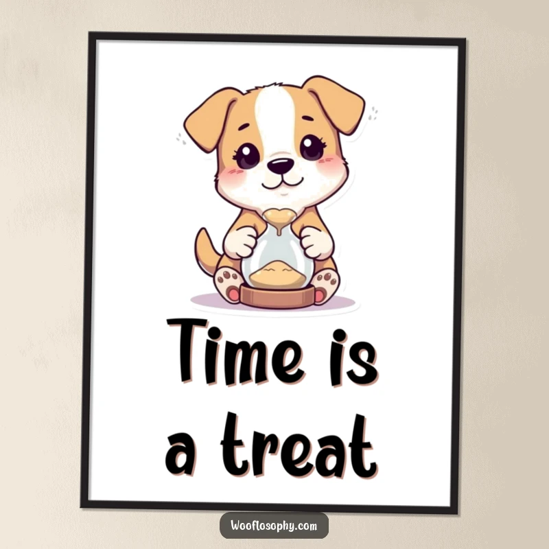 Funny poster depicting a dog character holding a small hourglass and watching the sand flow with intense curiosity.