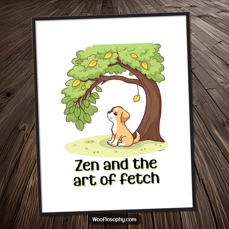 Funny dog sitting under a tree, contemplatively watching a single leaf fall, humorous and serene wall art.