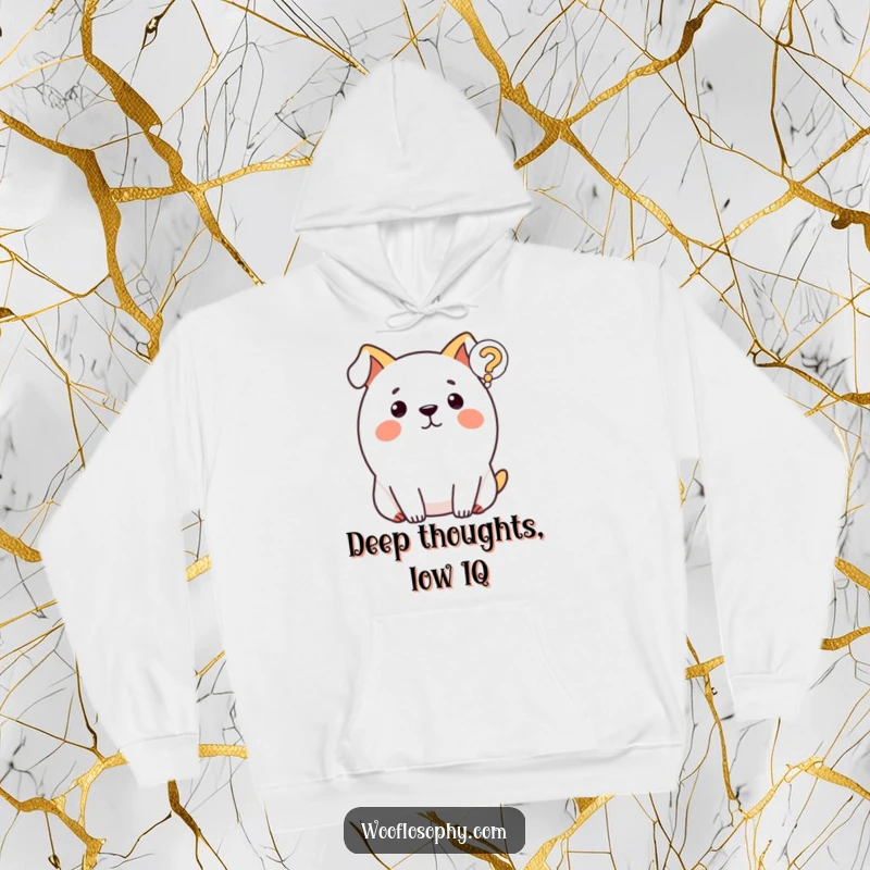 Funny dog hoodie featuring a round dog pondering a floating question mark, offering warmth and humor for viewers.