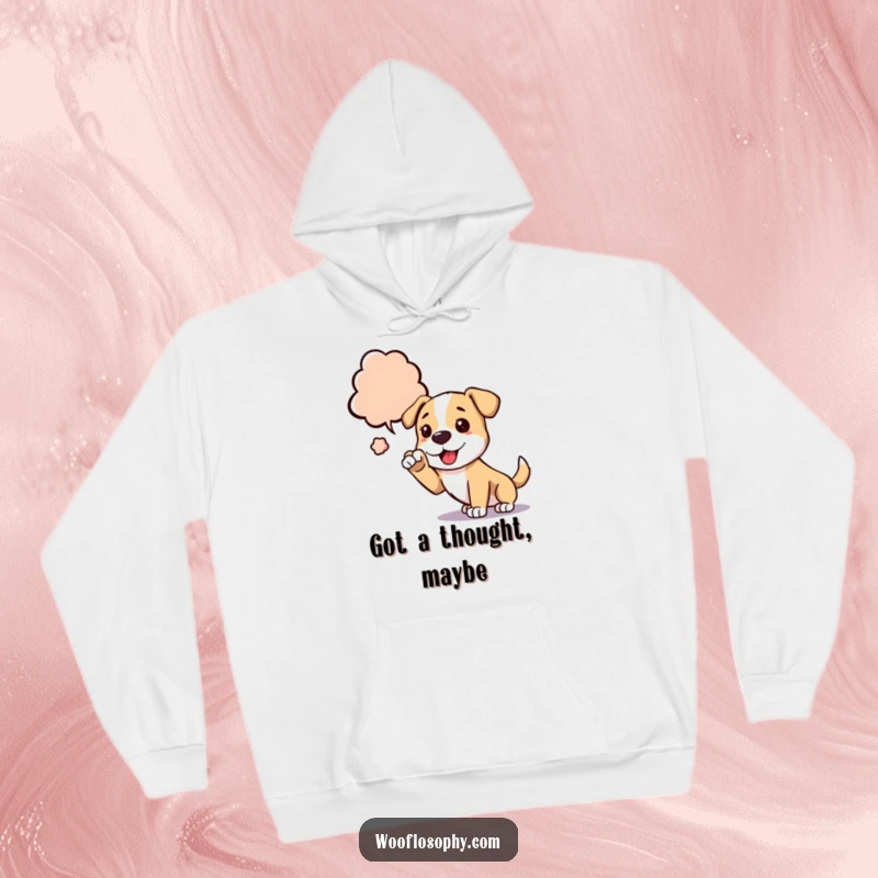 Funny dog hoodie featuring a dog reaching a paw towards a thought bubble, symbolizing creative inspiration.