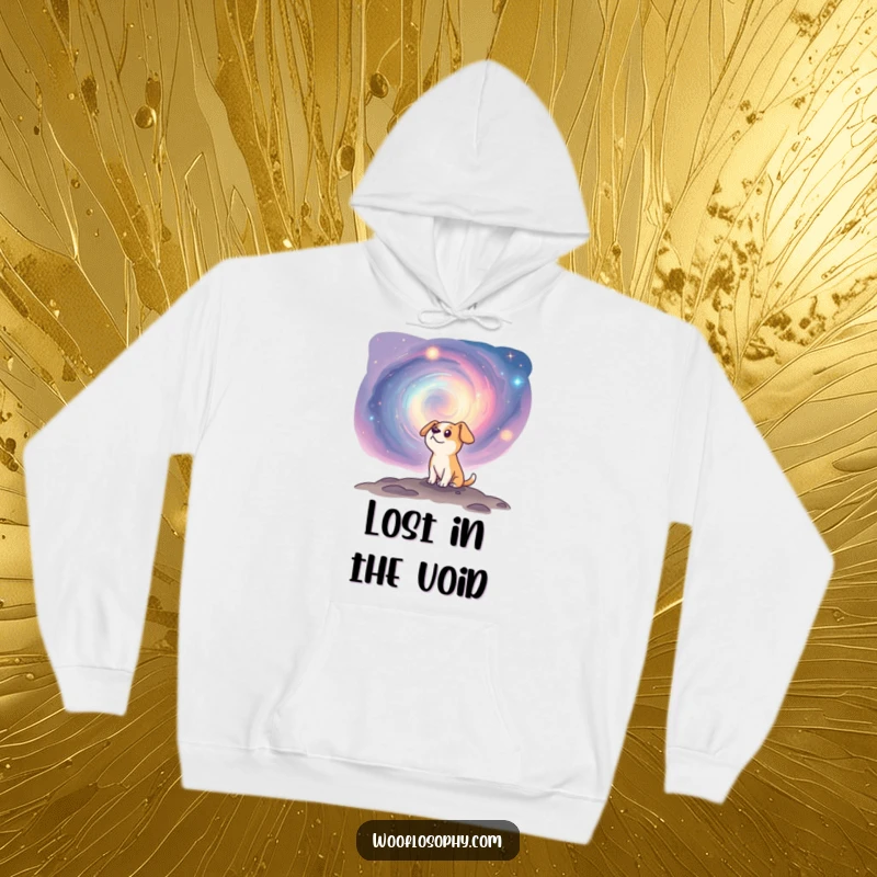 Funny dog gazing with wonder into a swirling cosmic nebula, depicted on a cozy hoodie, excellent funny gift.