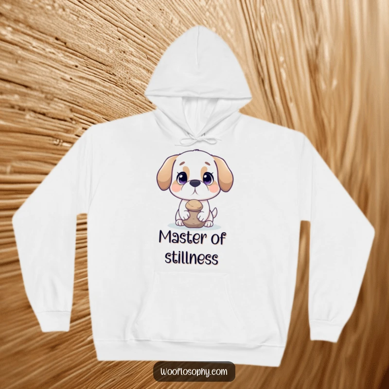 Funny dog hoodie featuring a dog balancing a rock, symbolizing inner peace and providing cozy humor.