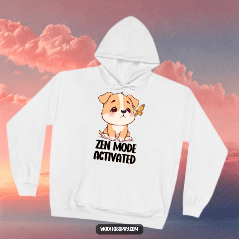 Funny hoodie featuring a dog with a tranquil expression, observing a butterfly in flight, embodying pure serenity.