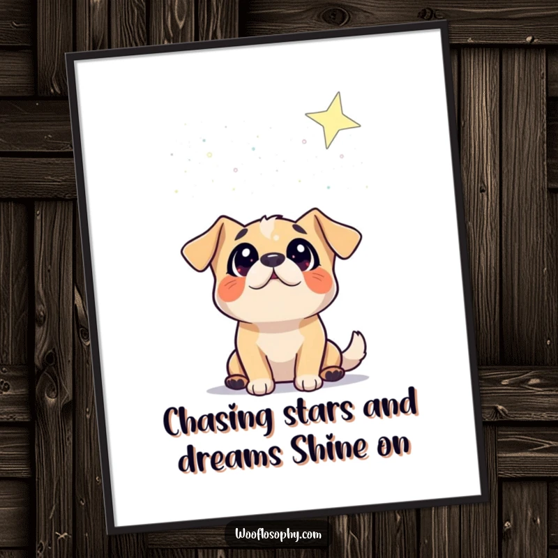 Funny Free Printable wall art of a dog character gazing up with wide, wonder-filled eyes at a vast, beautiful starry night sky.