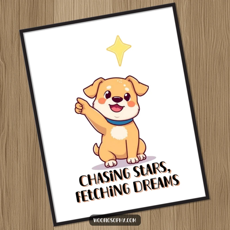 Funny Free Printable Wall Art: A dog points its paw towards a distant, solitary, shimmering star against a dark sky.