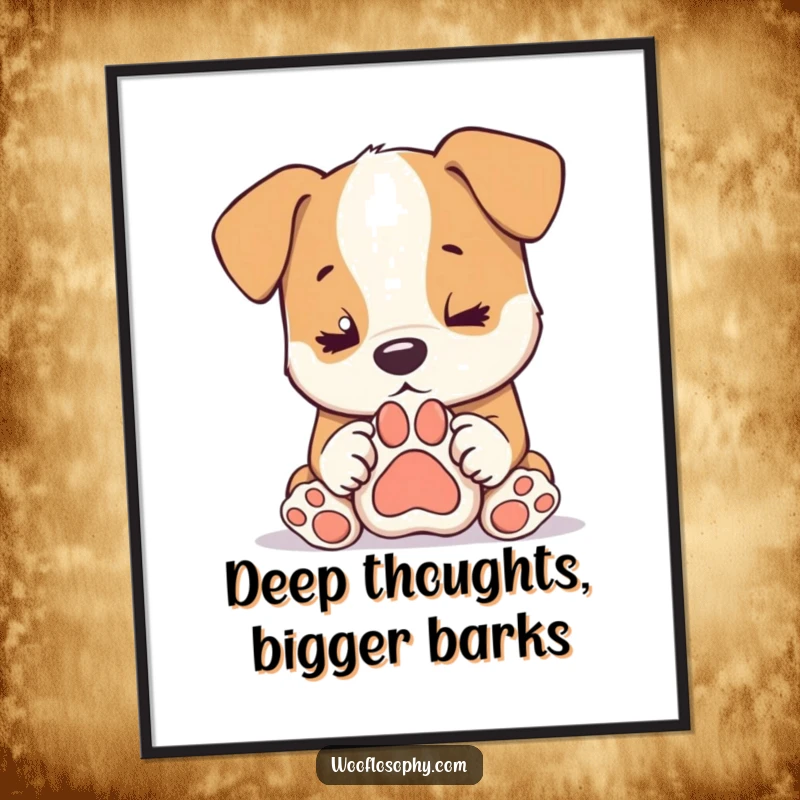Funny Free Printable Wall Art: A dog in deep contemplation over his own paw print, a humorous piece of art.
