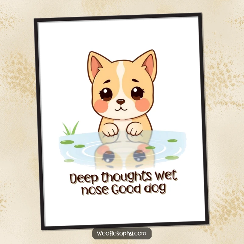 Funny free printable wall art: A dog character gazes thoughtfully into a rippling pond, lost in quiet contemplation.