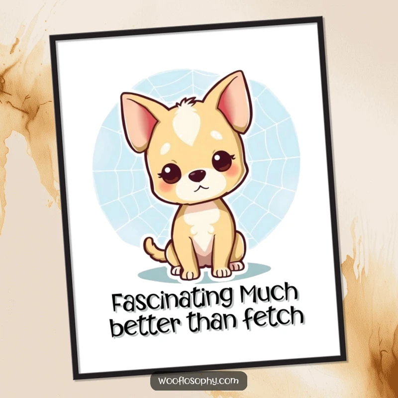 Funny Free Printable Wall Art: Smiling dog observing a spiderweb's intricate pattern, humorous downloadable decor, DIY.