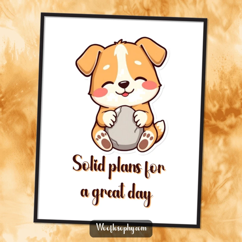 Funny Free Printable wall art showcasing a dog character with a gentle smile, holding a small, smooth stone, embodying pure happiness.