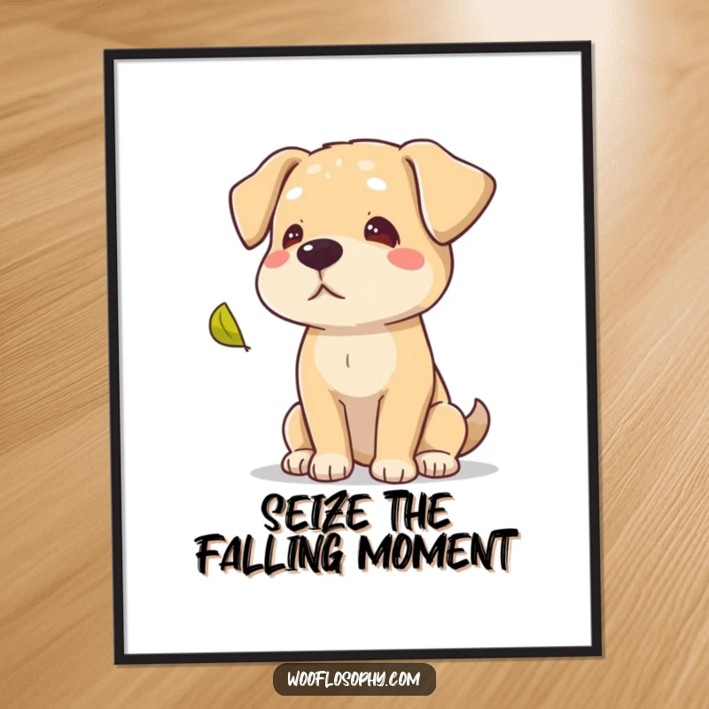 Funny Free Printable Wall Art: A wise dog thoughtfully watches a single autumn leaf gently fall from a tree.