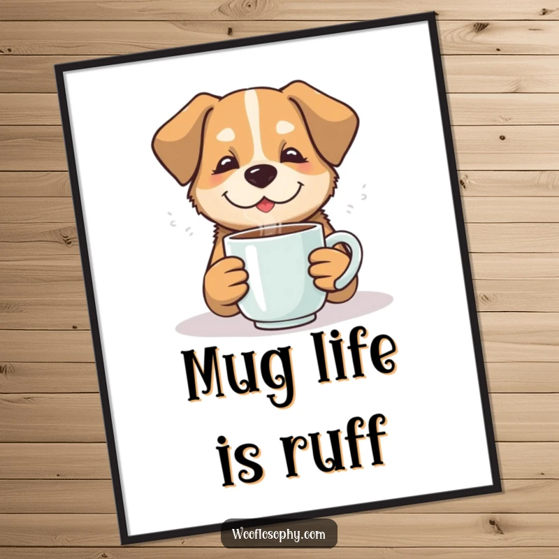 Funny Free Printable Wall Art: A contented dog relaxes with a steaming mug, exuding peace, comfort, and a touch of cozy humor.