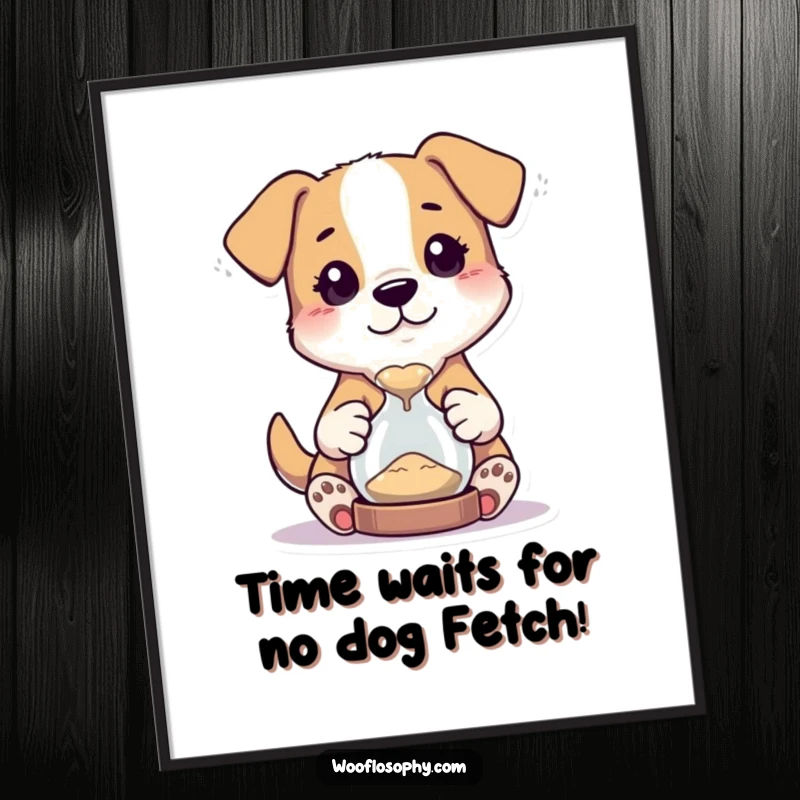 Funny free printable wall art: A curious dog character intently watches sand trickle through a miniature hourglass.