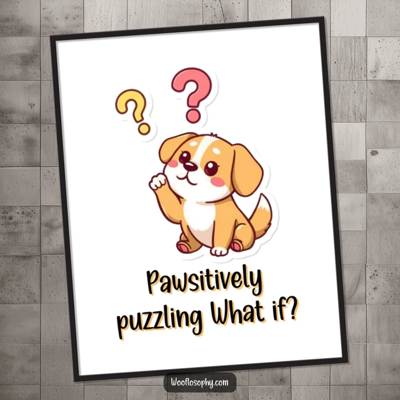 Funny Free Printable wall art featuring a dog character looking inquisitively at a floating question mark with a paw raised in thought.
