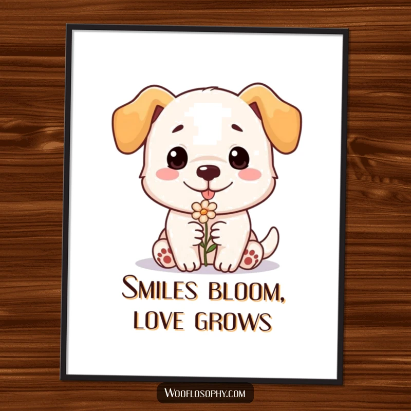 Funny Free Printable Wall Art: A dog with a sweet smile offers a tiny flower, creating a heartwarming atmosphere.