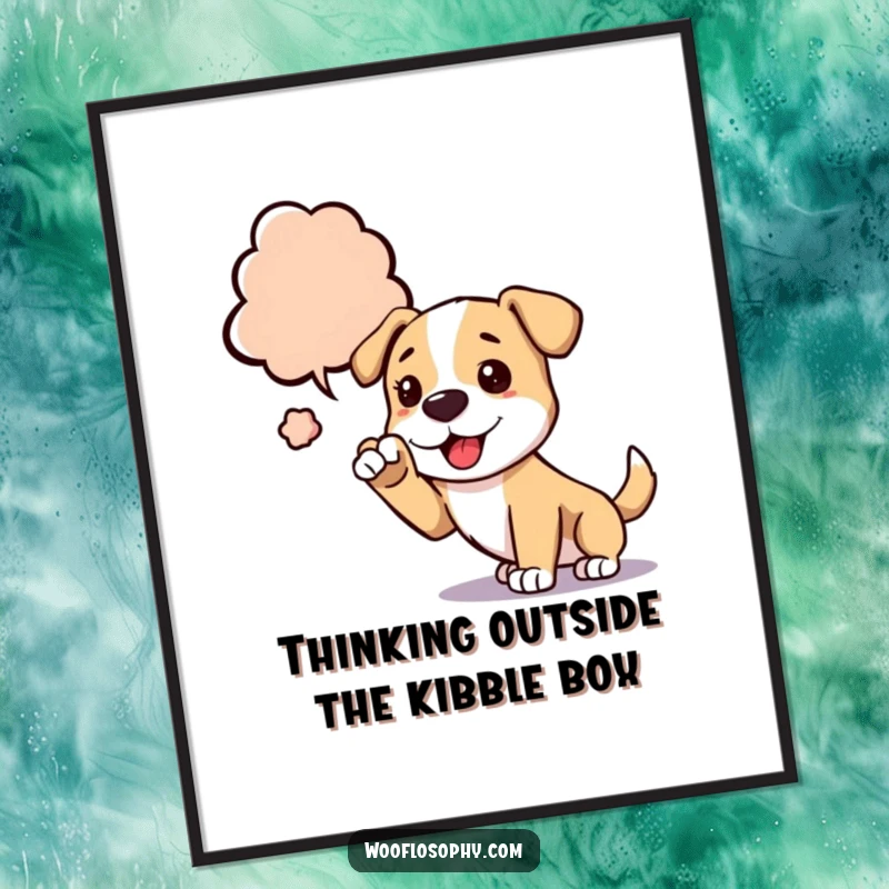 Funny Free Printable Wall Art: Dog reaching a paw towards a large, abstract thought bubble, artistic digital download.