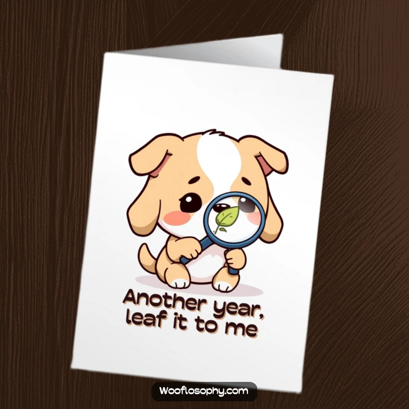 Funny Free Printable Birthday Card: A dog with a magnifying glass intently studying a falling leaf, celebrating with curious humor.