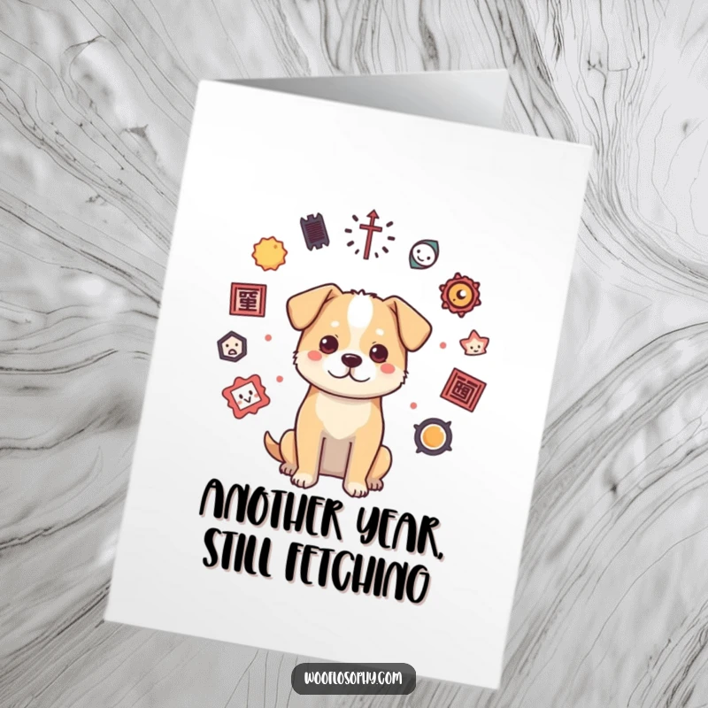Funny Free Printable Birthday Card featuring a thoughtful dog surrounded by floating symbols of philosophy and wisdom.