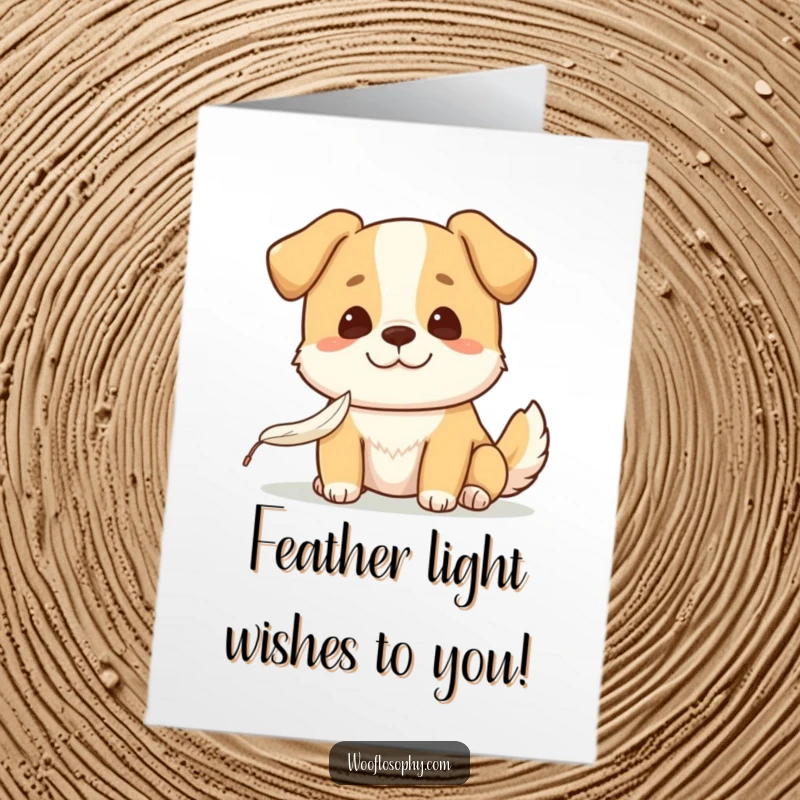 Funny Free Printable Birthday Card: Kawaii dog smiling gently while watching a feather fall.