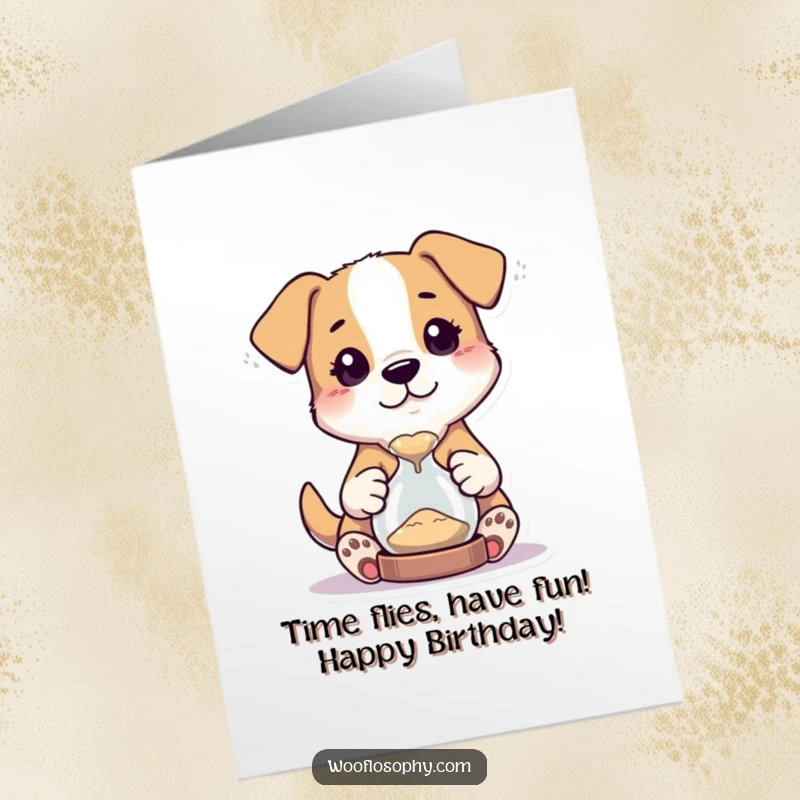 Funny free printable birthday card: A dog watches with wide-eyed curiosity as sand flows through a tiny hourglass.