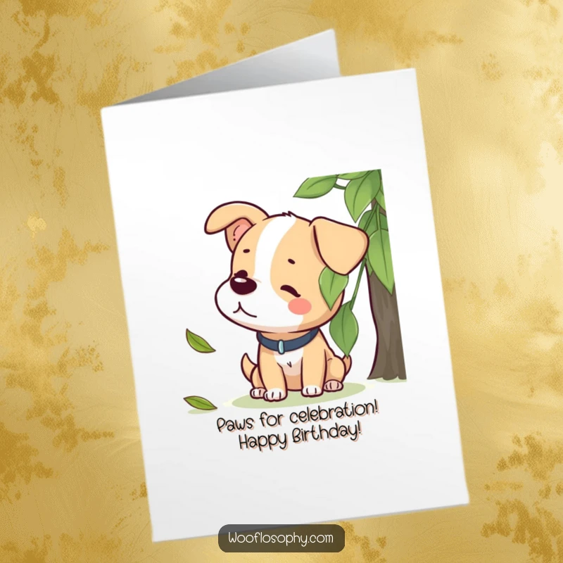 Funny free printable birthday card: A dog sits attentively, ears perked, intently listening to a single leaf gently falling.