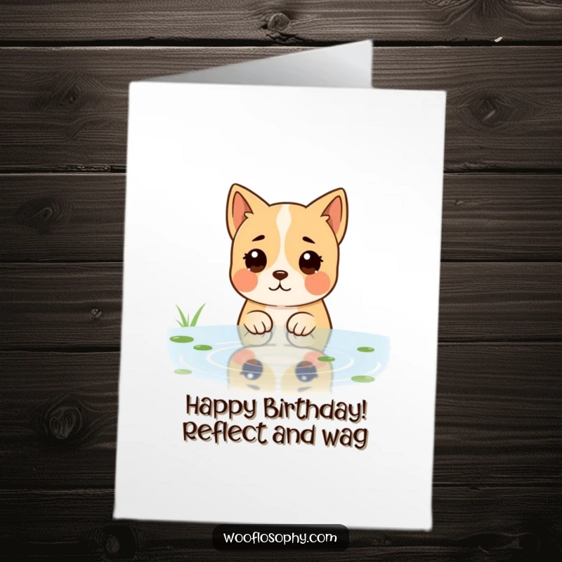 Funny free printable birthday card: A dog gazes serenely at a rippling pond, lost in deep, reflective thought.