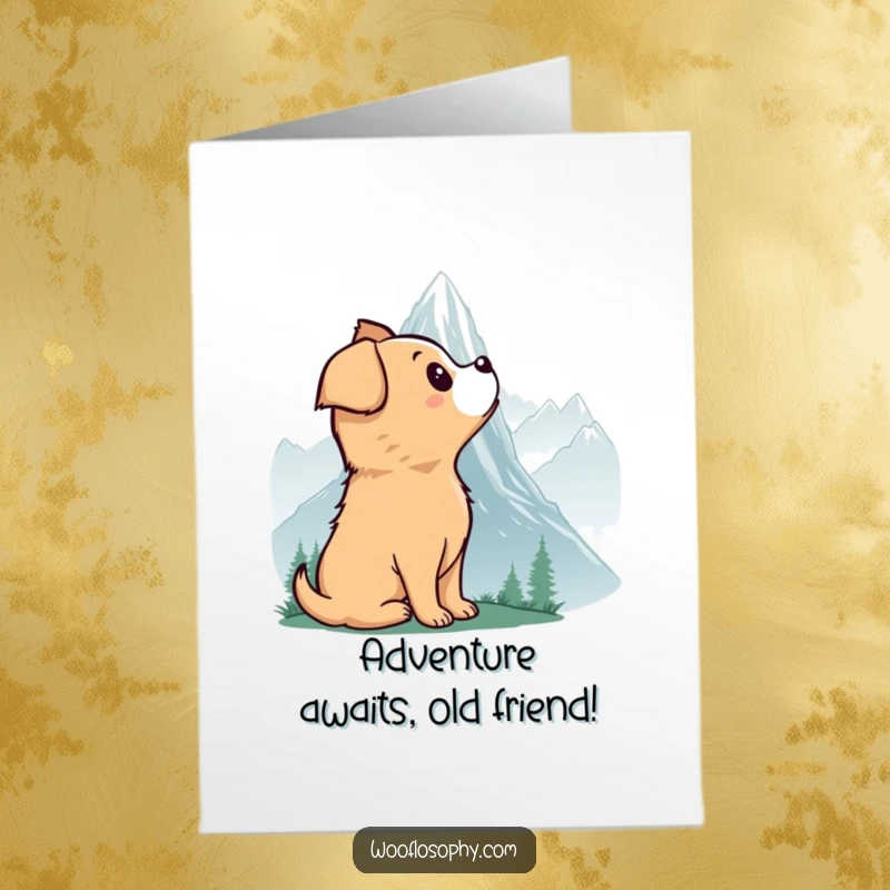 Funny Free Printable Birthday Card: Dog gazing in awe at a misty mountain, embodying adventure and joy for a special day.