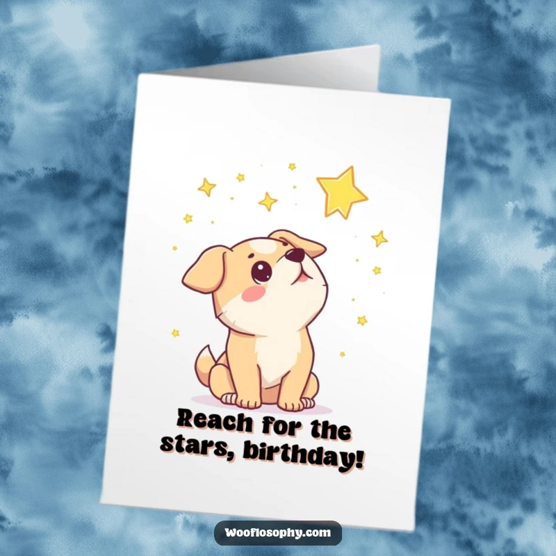 Funny Free Printable Birthday Card: Dog gazing at the stars with wide-eyed wonder, celebrating dreams with humorous awe.