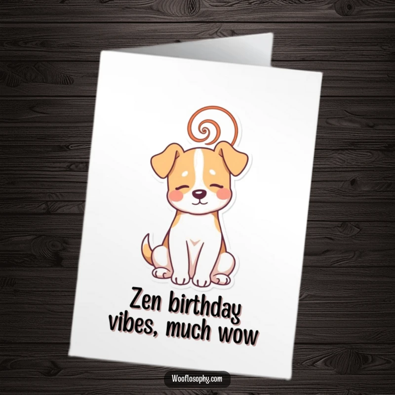 Funny Free Printable Birthday Card: Dog sitting peacefully, a colorful spiral rising from its head, radiating calm.