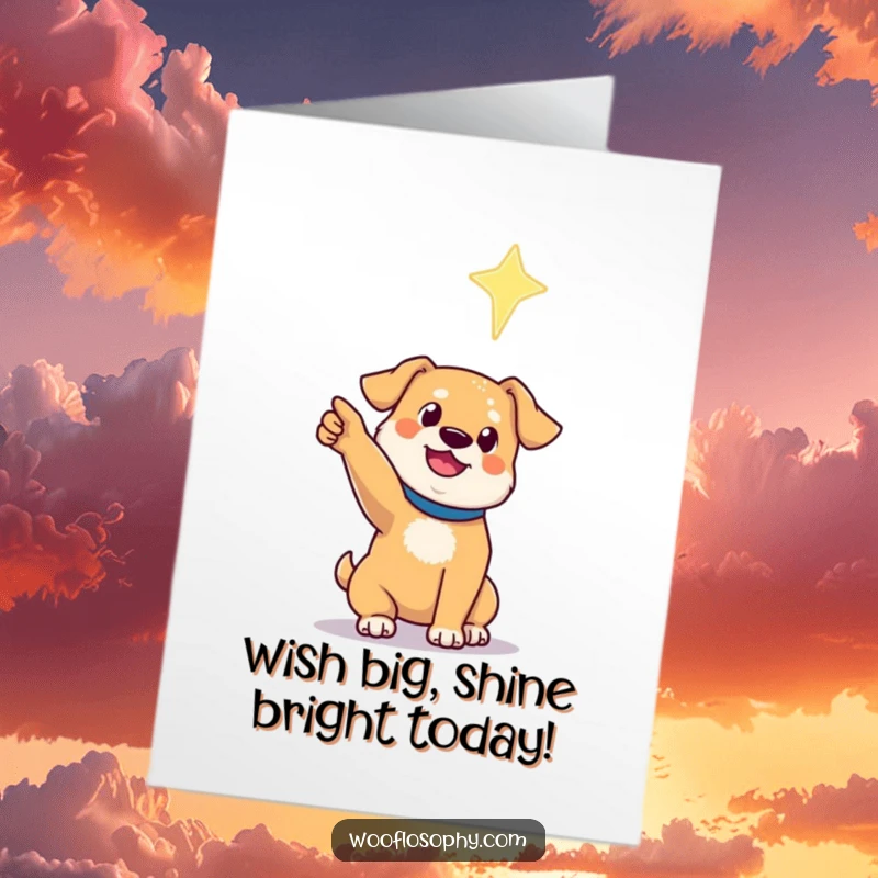 Funny Free Printable Birthday Card: A dog points its paw towards a single, bright, shimmering star in the night sky.