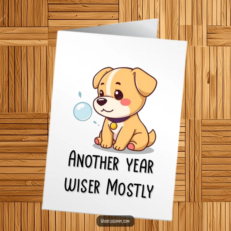 Funny Free Printable Birthday Card: Kawaii dog sits regally, deep in thought about a single, perfect bubble, ready to celebrate.