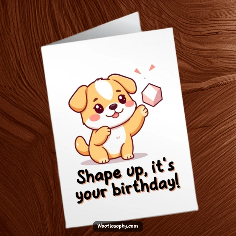 Funny Free Printable Birthday Card: Kawaii dog curiously pointing at a square shape with wide eyes.