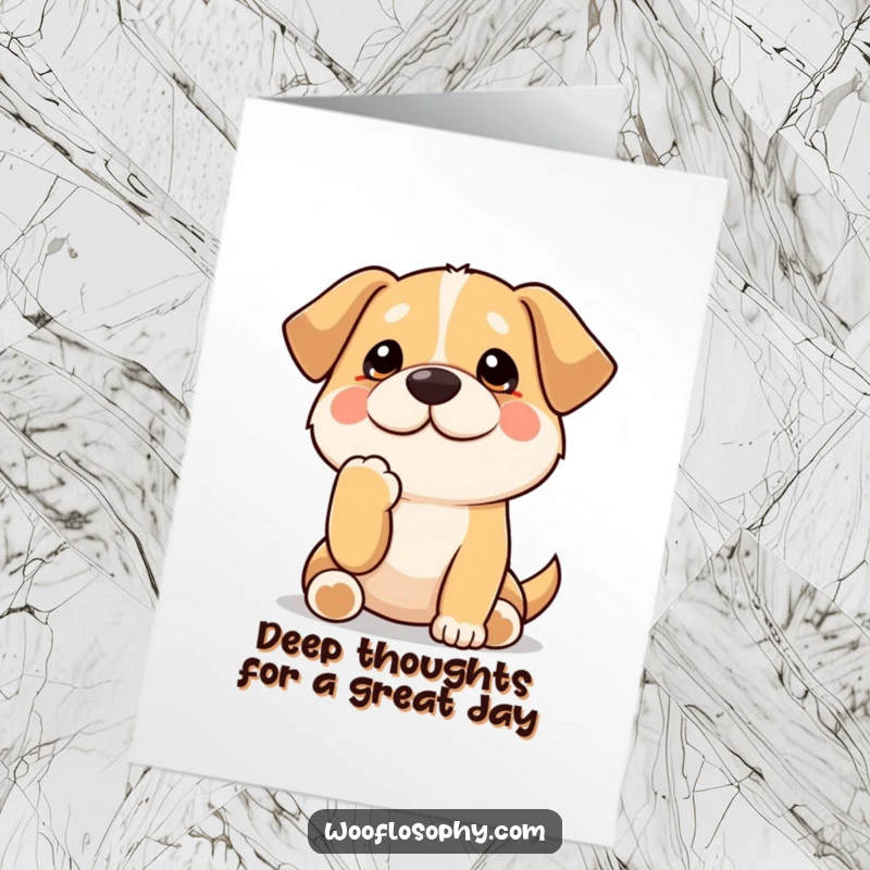 Funny Free Printable Birthday Card: Kawaii dog stroking its chin with a paw, looking pensive.