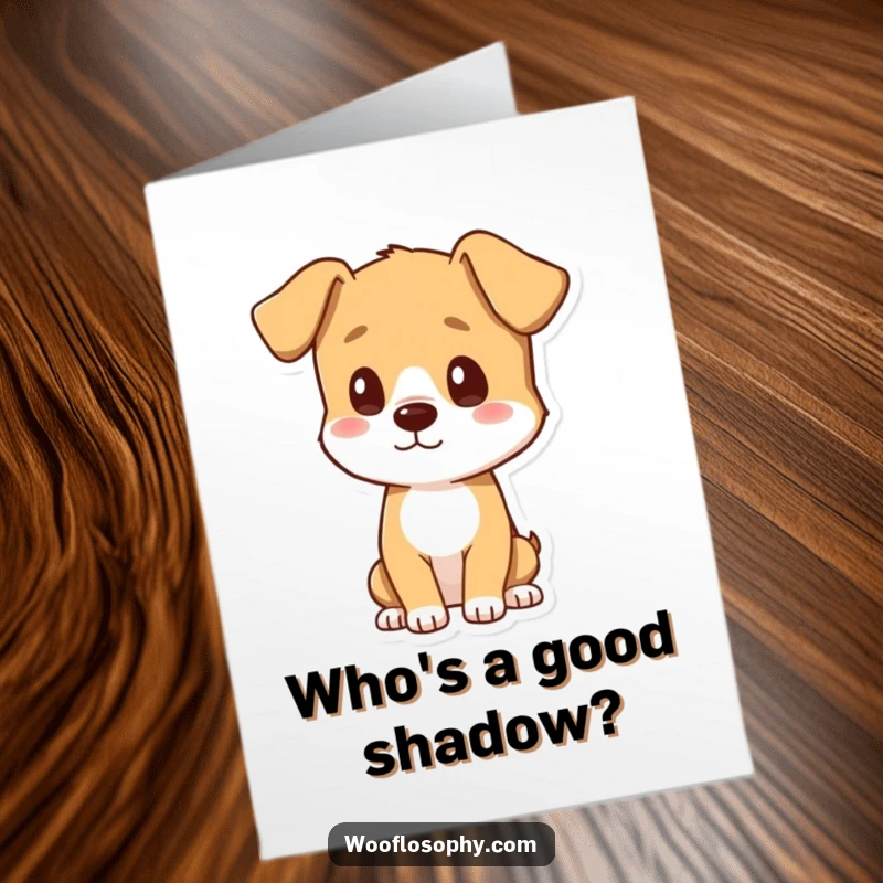Funny Free Printable Birthday Card: A curious dog tilting its head, thoughtfully observing its own shadow, DIY gift idea.