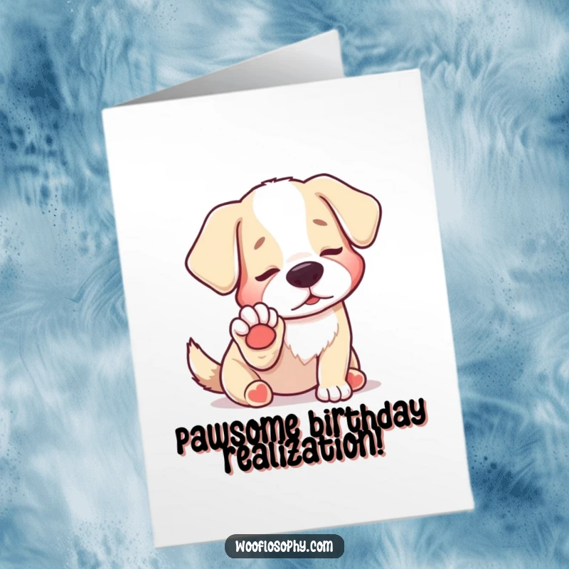 Funny Free Printable dog staring intently at its own paw, contemplating existence on a birthday card.