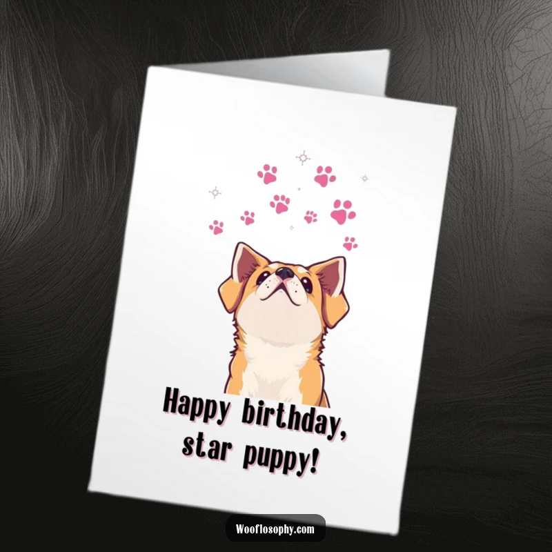 Funny Free Printable Birthday Card: Dog looking up at a beautiful night sky filled with a constellation of paw prints.