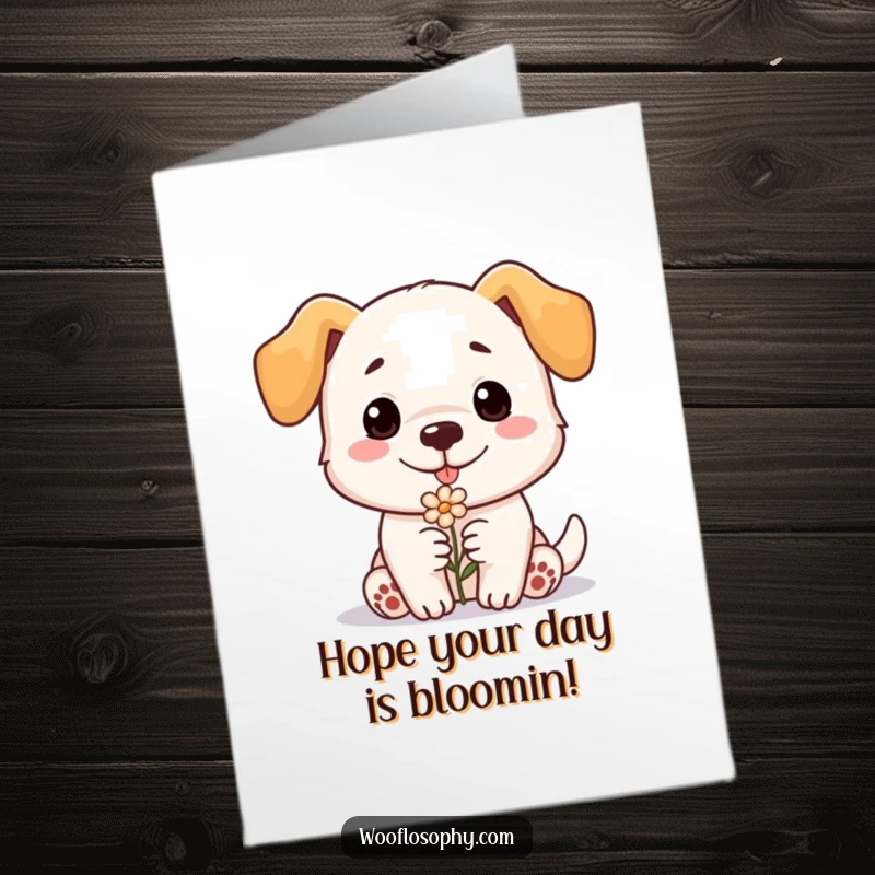 Funny Free Printable Birthday Card: A sweet dog offering a tiny flower with a gentle smile, a heartwarming DIY gift.