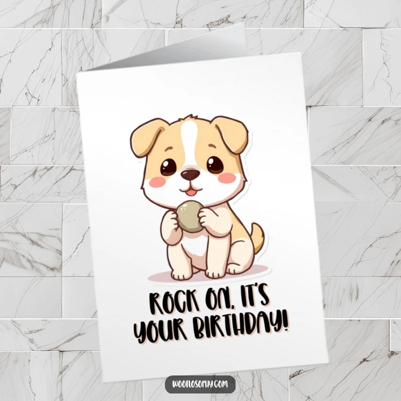 Funny Free Printable Birthday Card: Kawaii dog offering a stone to a friend, smiling sweetly.