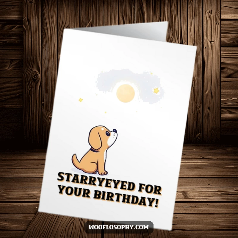 Funny Free Printable Birthday Card: Adorable dog gazing at a glowing star with awe, perfect for a fun celebration.