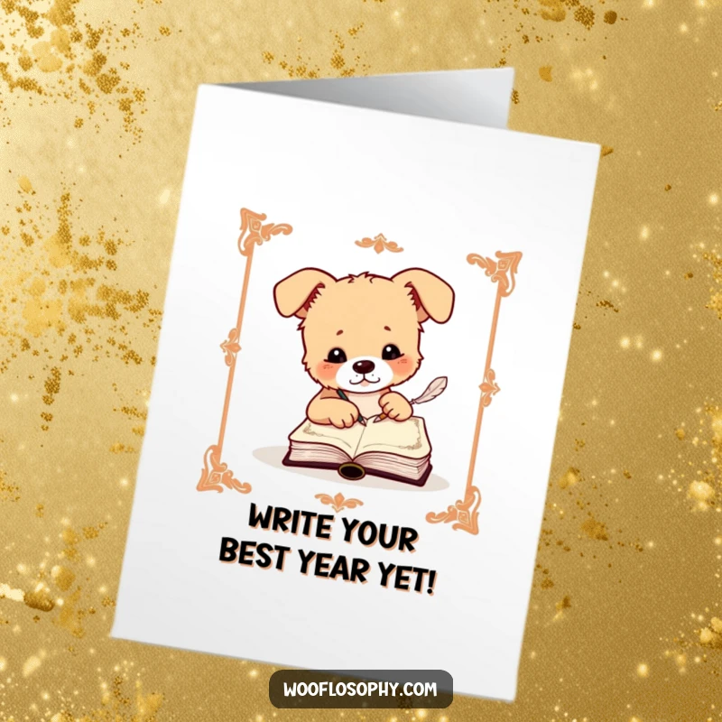 Funny Free Printable Birthday Card: A dog elegantly writes in a small, ornate book using a feather quill.