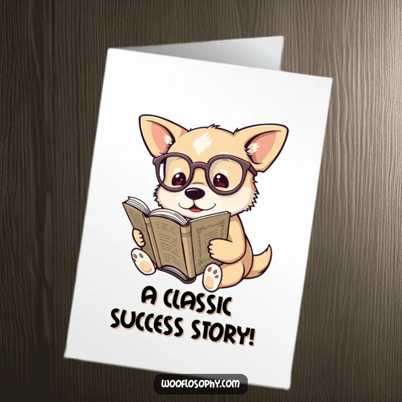 Funny Free Printable Congrats Card: Dog wearing spectacles reads a very old book, celebrating knowledge with downloadable art.