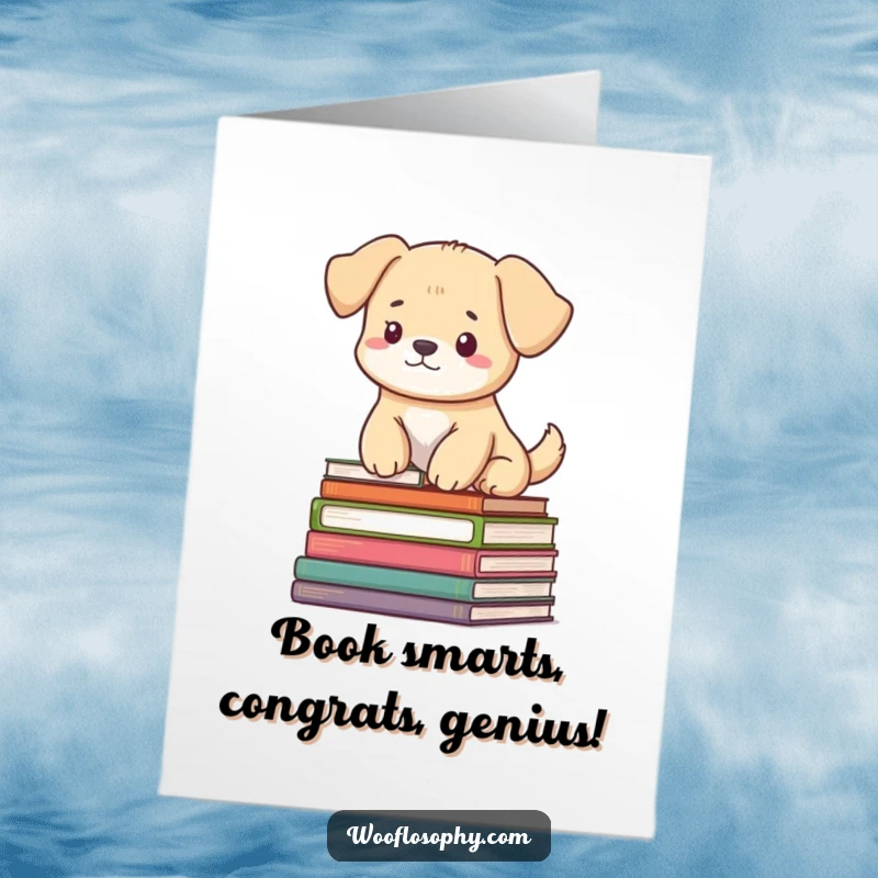 Funny Free Printable Congratulations Card: A dog looks peaceful while perched on a pile of books, representing accumulated knowledge.