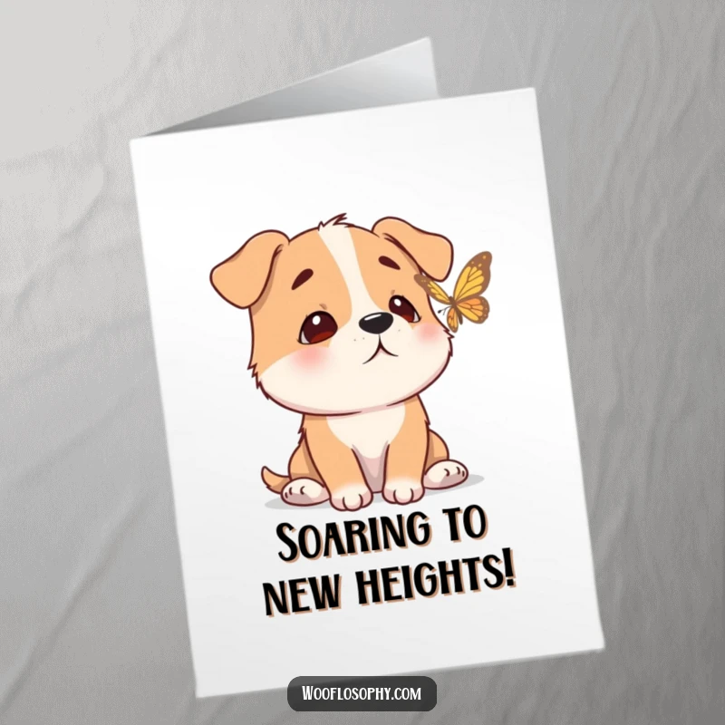 Funny Free Printable Congrats Card: Dog with calm expression watches a butterfly flutter by, celebrating peace with downloadable art.