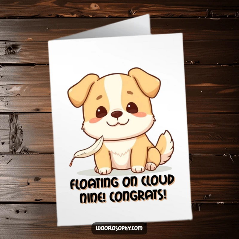 Funny Free Printable Congratulations Card: Kawaii dog with a sweet smile, observing a falling feather.