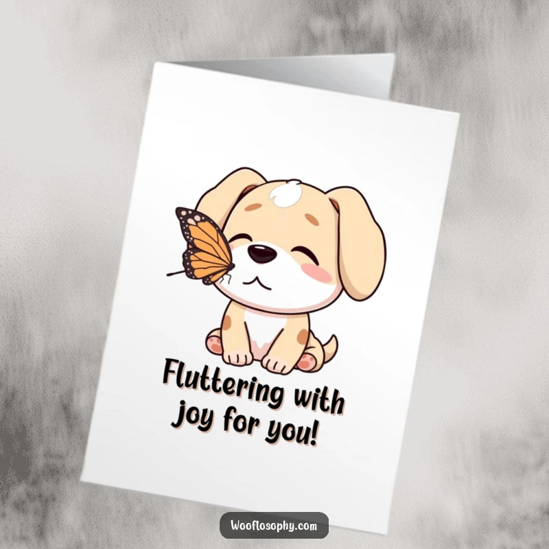 Funny Free Printable Congrats Card: Dog enjoys a peaceful moment with a butterfly resting on its nose.