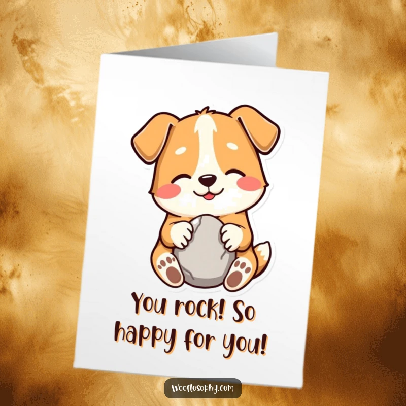 Funny Free Printable congratulations card with a smiling dog holding a small, smooth stone, akin to celebrating a precious achievement.