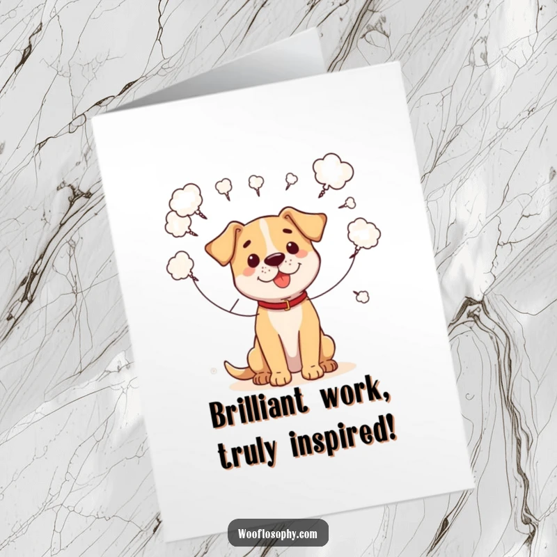 Funny free printable congratulations card: A dog shown connecting various scattered thought bubbles with strings, symbolizing a brilliant plan.