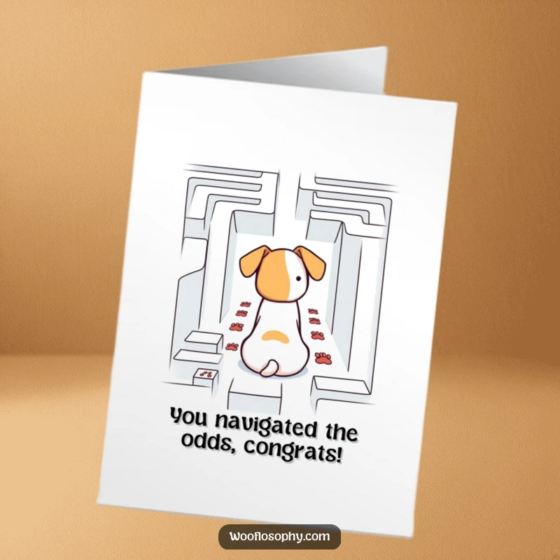 Funny Free Printable Congrats Card: A dog contemplates a maze entrance, paw prints marking the way forward, symbolizing achievement.